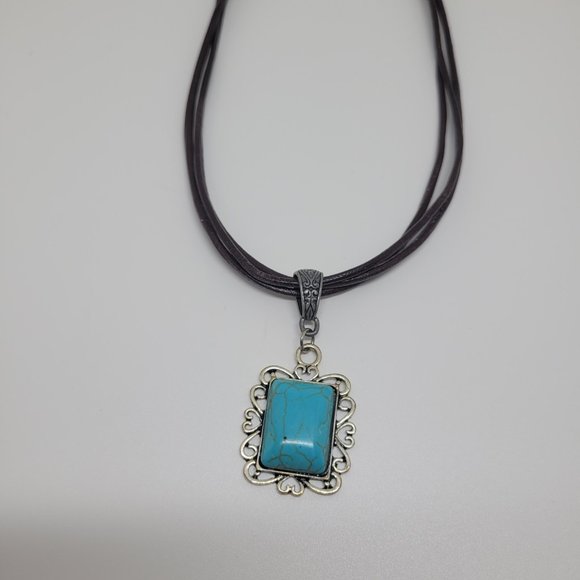 3 Strand Distressed Leather Necklace with Turquoise Pendant with scroll detail - Picture 3 of 7